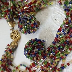 Vintage Multi Strand multicolored  glass bead necklace and clipon earrings set
